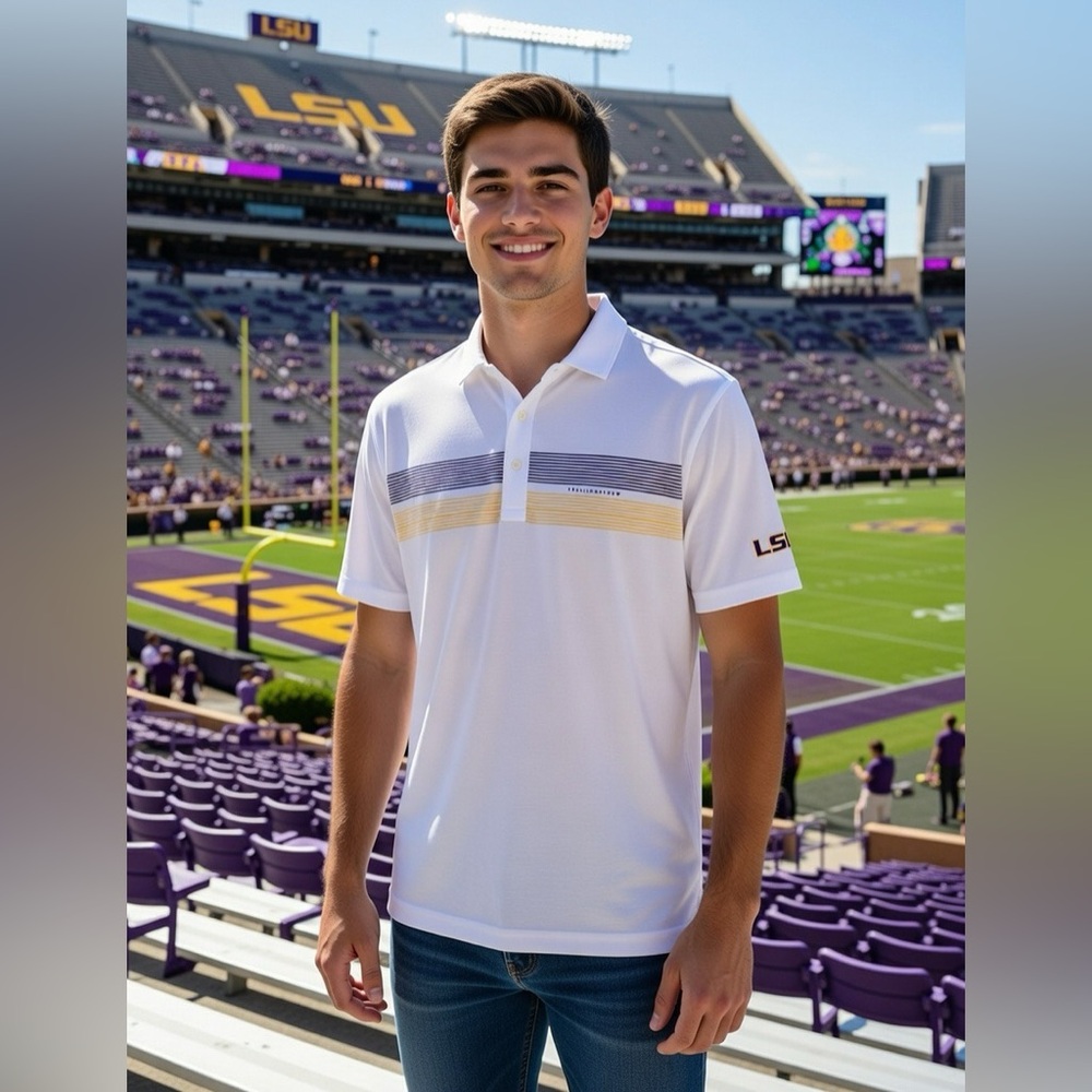 Travis Mathew LSU Top Recruit White Polo with Purple and Yellow Stripes Logo